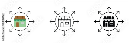 Business expansion vector icons multi-style shop with radiating arrows symbolizing market reach, product distribution, and omnichannel retail growth strategy