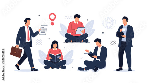 Set of diverse business people characters in different poses, including walking, reading, and using a tablet.