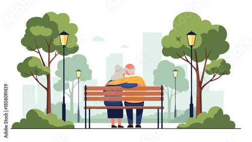 Elderly couple sitting on a park bench and hugging, enjoying their retirement together with a view of the city.