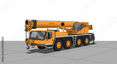 A detailed 3D rendering of a large yellow mobile crane on a grey surface.