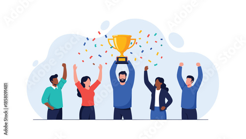 Diverse team of colleagues celebrating a business victory, with one man holding a trophy and everyone cheering happily.