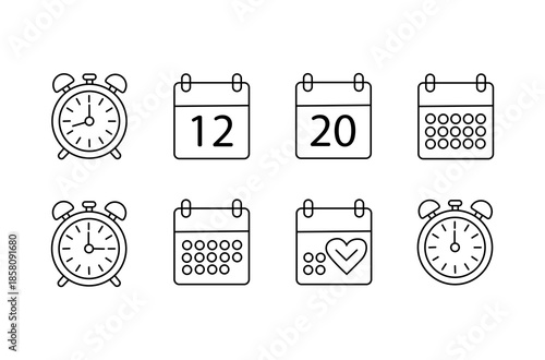 Time, calendar icon set. Hand drawn doodle sketch line style business time management, project deadline concept. Alarm clock, calendar, stopwatch cute elements.