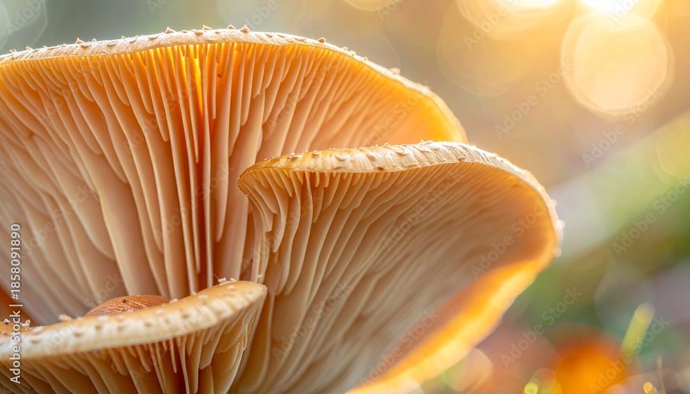 Fototapeta premium Intricate mushroom gills bathed in the soft, golden light of dawn, capturing the serene beauty and delicate structure of nature's hidden wonders on the forest floor