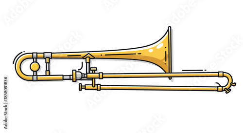 A detailed illustration of a gleaming brass trombone musical instrument.