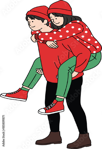 Young Man Giving a Piggyback Ride to a Woman Wearing Red Winter Outfits for Romantic Celebration Concept Vector.