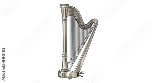 Elegant Silver Concert Harp with Intricate Detailing and Numerous Strings.