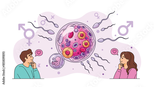 Couple thinking about conception and fertilization, with an illustration of sperm, an egg cell, and an embryo.