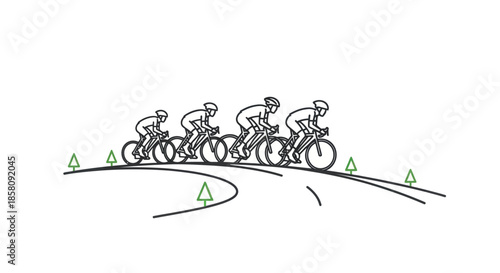 Line Art Cyclists Racing Uphill on Winding Road.