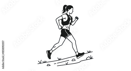 Energetic Woman Running Uphill with Hydration Pack.