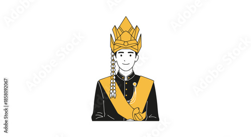 Regal Figure in Traditional Cambodian Royal Attire with Elaborate Golden Headdress.