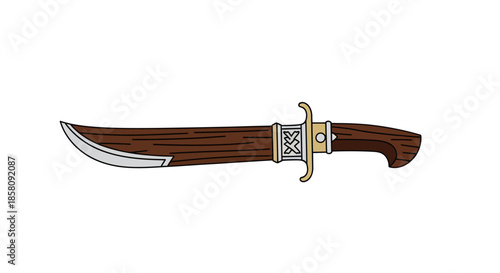 Detailed Illustration of a Hunting Knife with Wooden Handle.