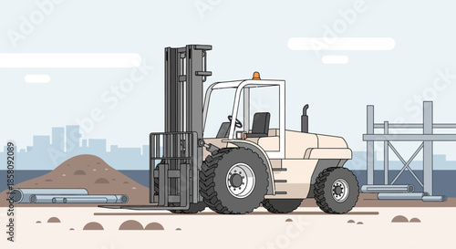 A detailed illustration of a heavy-duty industrial forklift parked on a construction site with a dirt pile and metal structures in the background.