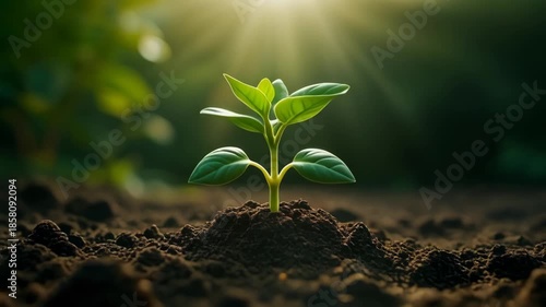 Tiny Green Sprout Emerging from Brown Soil with Golden Sunlight