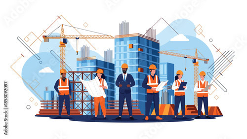 Team of diverse engineers, architects, and construction workers with blueprints at a building development site.