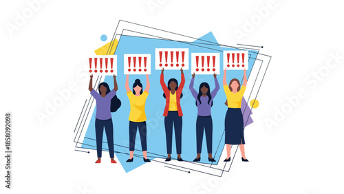 Diverse group of women protesting and holding signs with exclamation marks, symbolizing activism and empowerment.