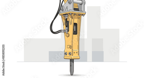 A yellow hydraulic hammer attachment for heavy construction equipment used in demolition work.
