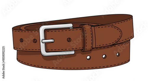 A classic coiled brown leather belt with detailed stitching and a simple silver metal buckle.