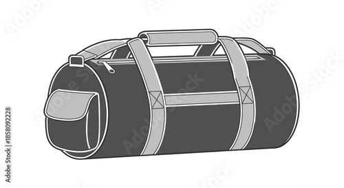 Gray and Black Duffel Bag with Straps and Pocket.