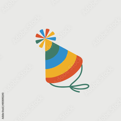 Vibrant party hat with colorful stripes and green tie