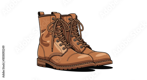 Pair of Brown Leather Work Boots with Laces and Detailed Stitching.