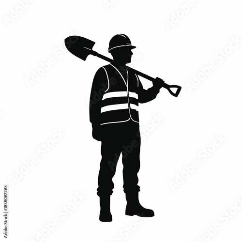 Construction Worker Silhouette with Shovel on Shoulder Safety Vest.