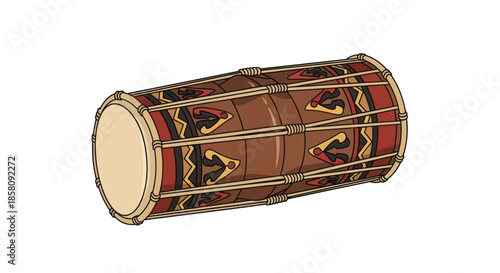 Traditional Indonesian Kendang Drum with Intricate Carvings and Rattan Bindings.