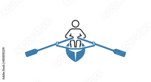 Rowing Icon: Person in Boat with Oars Blue and White Design.