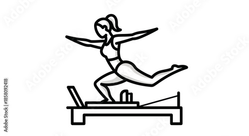 Woman performing Pilates exercise on a reformer machine.