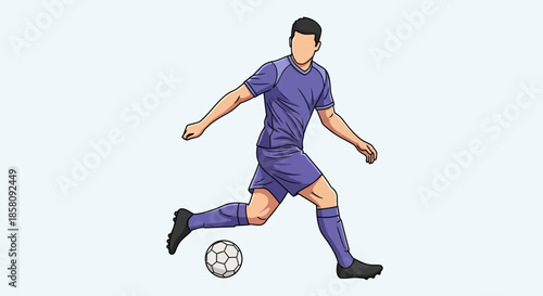 Illustration of a male soccer player in a purple uniform kicking a white and black soccer ball on a plain background.
