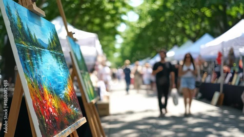 Close-up of colorful landscape painting on an easel at a vibrant outdoor street art market under green trees, concept for art exhibitions, summer festival promotions and creative marketing materials