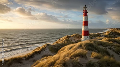 Majestic Red  White Lighthouse Guards Coastal Dunes at Sunset.