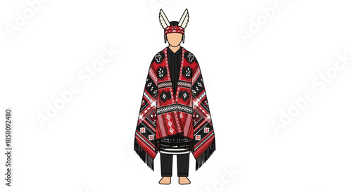 Traditional Indigenous Person in Elaborate Ceremonial Attire with Animal Headdress.