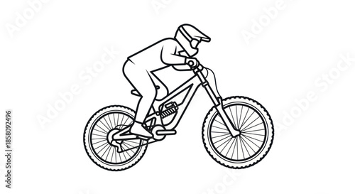 Line Art Mountain Biker on Downhill Bicycle Illustration.