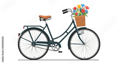 Classic Bicycle with Wicker Basket Full of Colorful Flowers Vintage Style.
