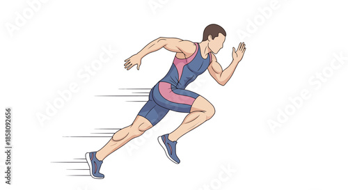 A male athlete in a blue and pink uniform sprinting forward with motion lines, illustrating speed and dynamic movement.