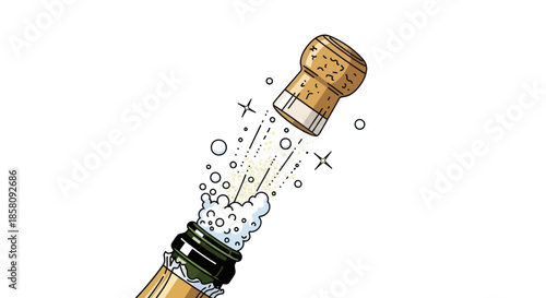 Festive Champagne Bottle Popping Cork with Effervescent Bubbles and Stars Illustration.