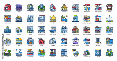 Urban City Buildings and Public Places Filled Line Icon Pack