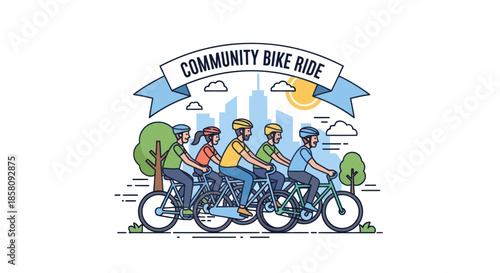 Community Bike Ride Illustration with People on Tandem Bicycles.
