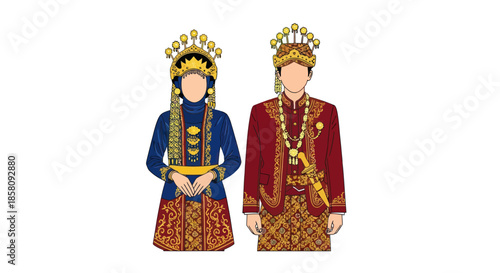 Traditional Indonesian Wedding Couple in Elaborate Costumes and Headdresses.