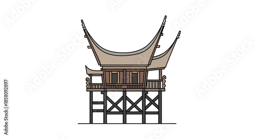 Traditional Indonesian Rumah Gadang House with Distinctive Curved Roofs.
