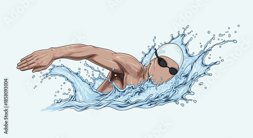 An illustration of a swimmer performing the freestyle stroke, creating dynamic water splashes around their body.