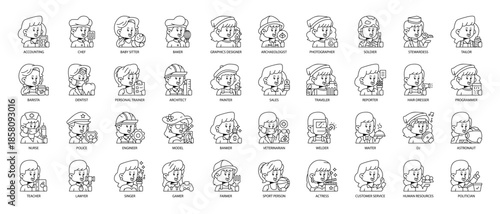 Female Job and Profession Line Icon Pack