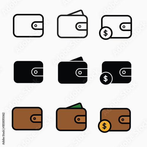 Minimal wallet icon set showing open and closed wallets with money symbols. Clean flat outline style suitable for finance, payment, and ecommerce design.