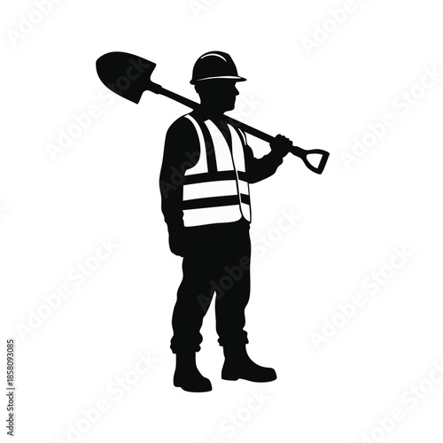 Construction Worker Silhouette with Shovel on Shoulder.
