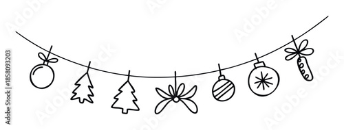 Hand drawn black outline Christmas holiday garland with festive ornaments and seasonal decorations hanging from a string, perfect for winter celebration greeting posters and invitations