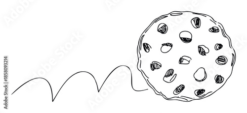 Hand drawn doodle style chocolate chip cookie with a dynamic bouncing trail for baking content, food blogs, dessert menus, or childrens learning materials and kitchen decor