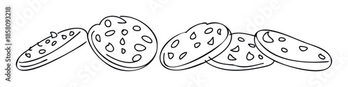 Outline drawing of various sausage slices arranged horizontally, perfect for adding a minimalist and rustic culinary touch to recipe books, menu boards, or grocery store promotions.