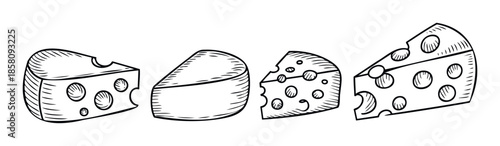 Collection of delicious handdrawn cheese pieces perfect for foodrelated projects, restaurant menus, recipe books, and grocery store branding materials.