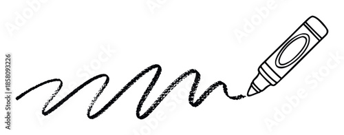 Simple black outline drawing of a classic crayon creating a vibrant wavy textured line, ideal for adding a playful touch to educational content, childrens books, or casual graphic