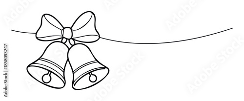 Simple single line drawing depicting two celebratory bells adorned with a decorative bow, ideal for festive greetings, announcement graphics, or special occasion themes.